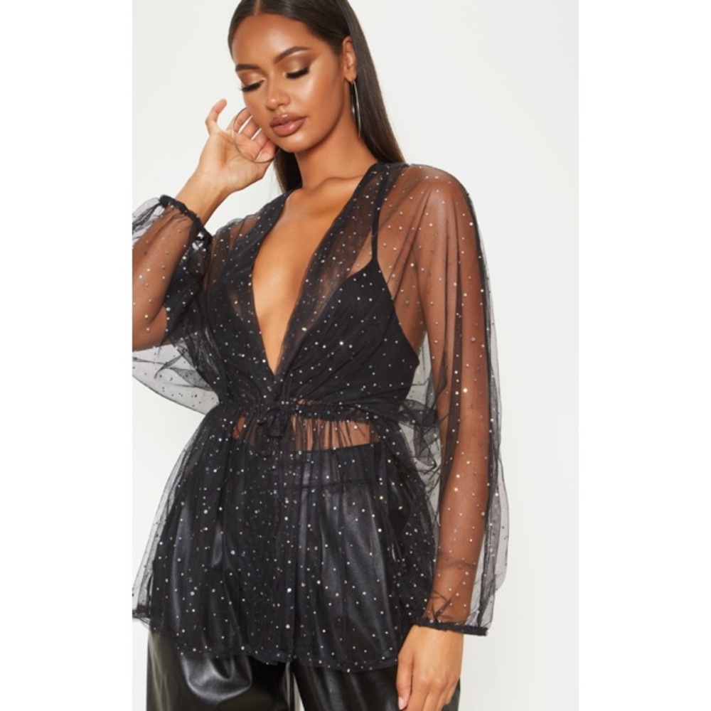 PLT: Black Mesh Diamante Ruched Waist Shirt